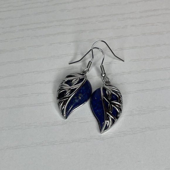 Genuine Lapis 925 Sterling Silver Over SS Leaf Necklace & Earrings Set - Picture 7 of 8